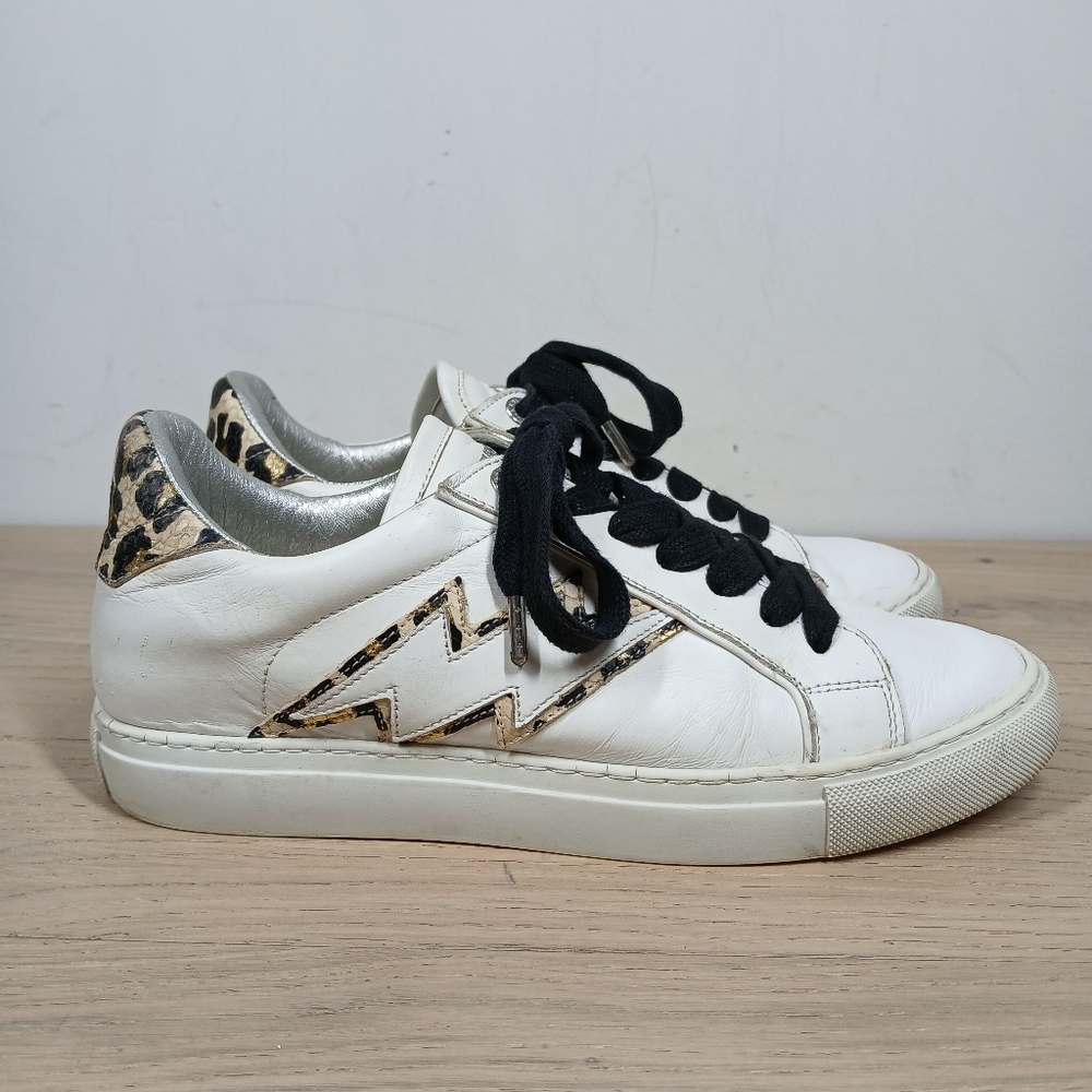 Zadig & Voltaire Paris White Leathe Leopard Print Low Top Sneakers 1597 - Picture 6 of 14